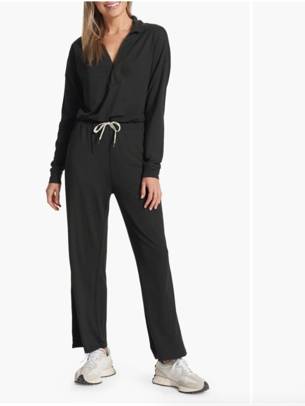 Vuori Lux Intentions Knit Jumpsuit Womens XL‎ Wide Leg Long Sleeve Collared